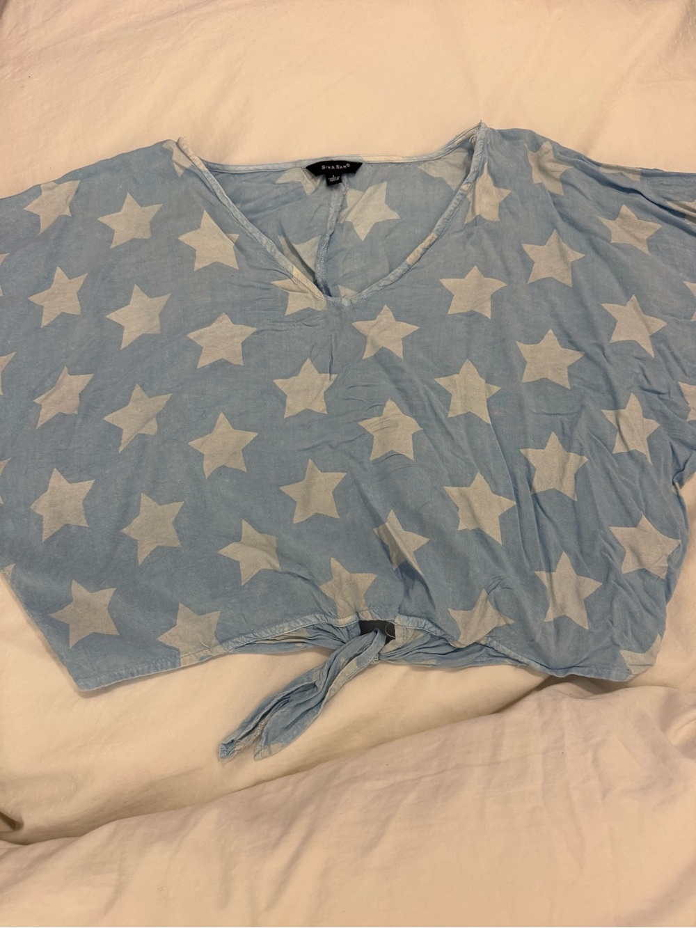 Women's Light Blue Star Print Tie-Front V-Neck Top